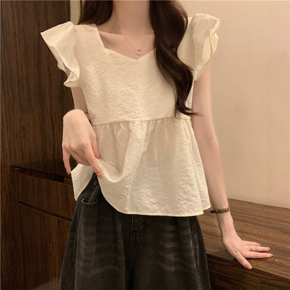 Cap-Sleeve Plain Peplum Blouse