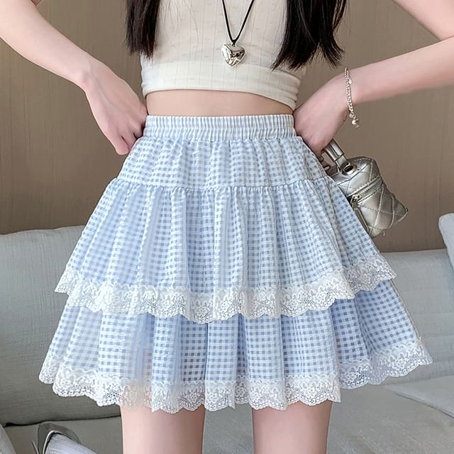 Elastic Waist Plaid Tiered Lace Trim Mini A-Line Skirt