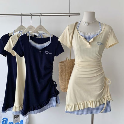 Mock Two-Piece Short-Sleeve Scoop Neck Heart Embroidered Plaid Panel Drawstring Mini Sheath Dress