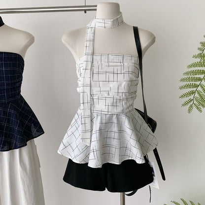 Set: Plaid Peplum Tube Top + Skinny Scarf
