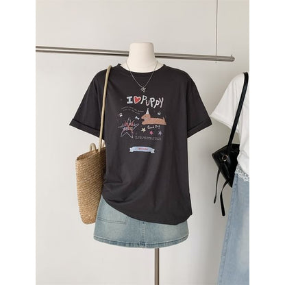 Short-Sleeve Crew Neck Cartoon Print Tee