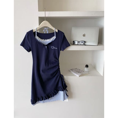 Mock Two-Piece Short-Sleeve Scoop Neck Heart Embroidered Plaid Panel Drawstring Mini Sheath Dress