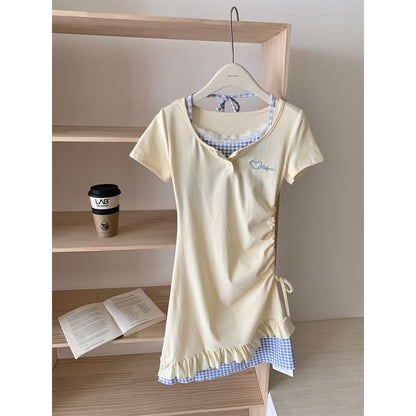 Mock Two-Piece Short-Sleeve Scoop Neck Heart Embroidered Plaid Panel Drawstring Mini Sheath Dress