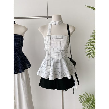 Set: Plaid Peplum Tube Top + Skinny Scarf