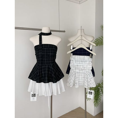 Set: Plaid Peplum Tube Top + Skinny Scarf