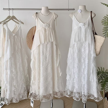 Spaghetti Strap V-Neck Lace Maxi A-Line Dress