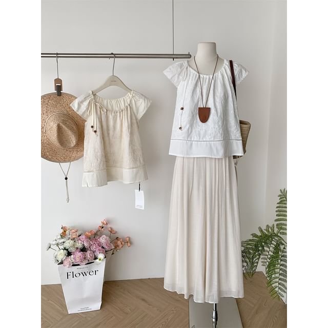 Set: Short-Sleeve Plain Top + High Rise Maxi A-Line Skirt