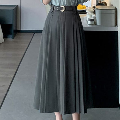 Pleated Midi Skirt with High Waist and A-Line Silhouette