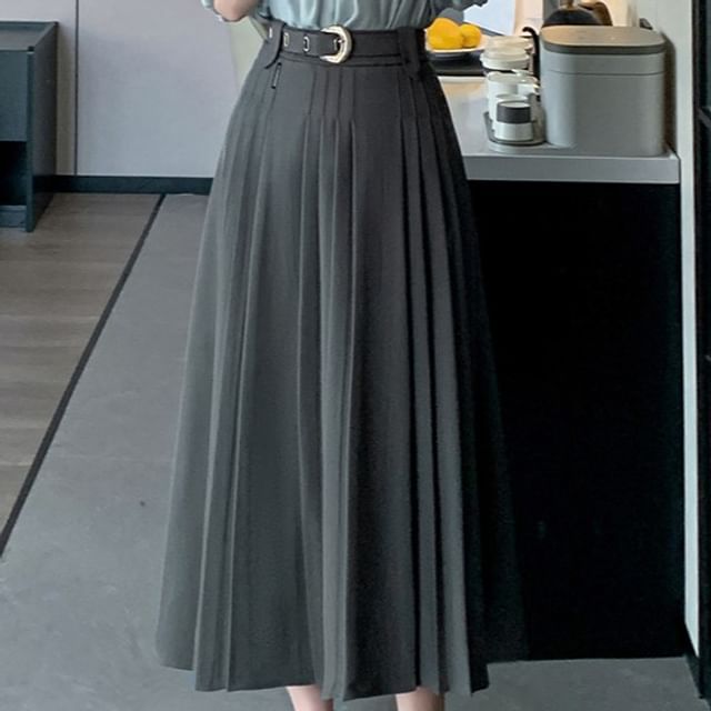 Pleated Midi Skirt with High Waist and A-Line Silhouette