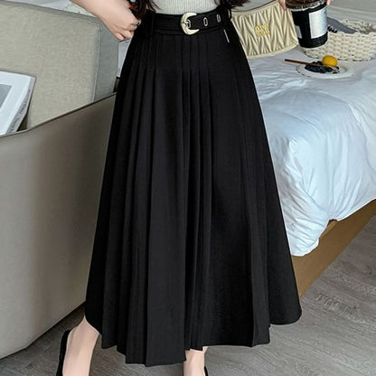 Pleated Midi Skirt with High Waist and A-Line Silhouette