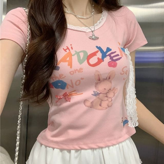 Short-Sleeve Crewneck Rabbit Print Crop Tee