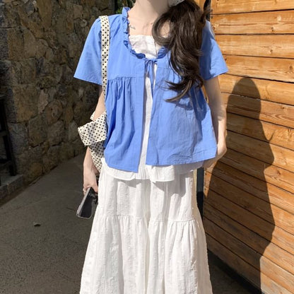 Mock Two-Piece Short-Sleeve Two Tone Top /  High Waist Maxi A-Line Skirt