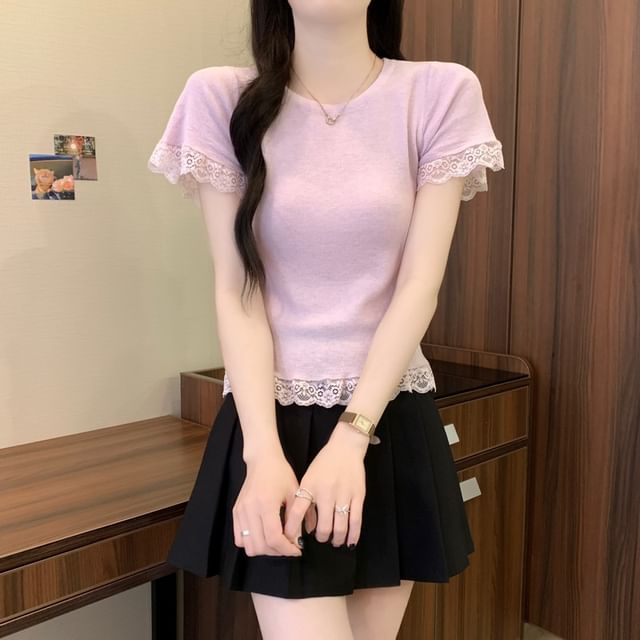 Short-Sleeve Crewneck Lace Trim Plain Tee