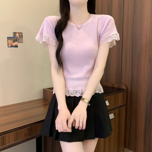 Short-Sleeve Crewneck Lace Trim Plain Tee
