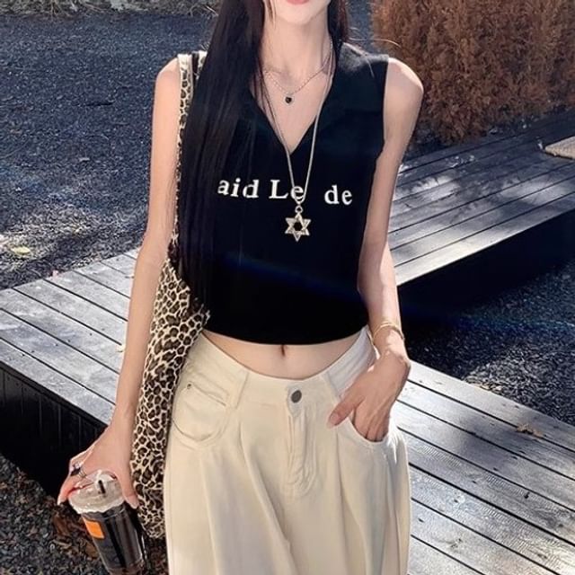 V-Neck Lettering Crop Tank Top