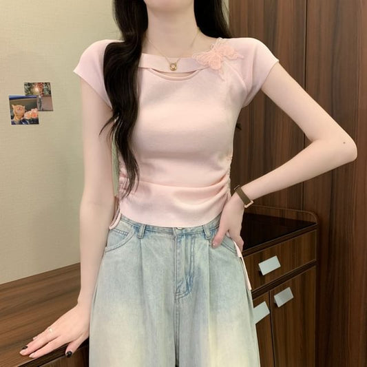 Short-Sleeve Butterfly Accent Plain Tee