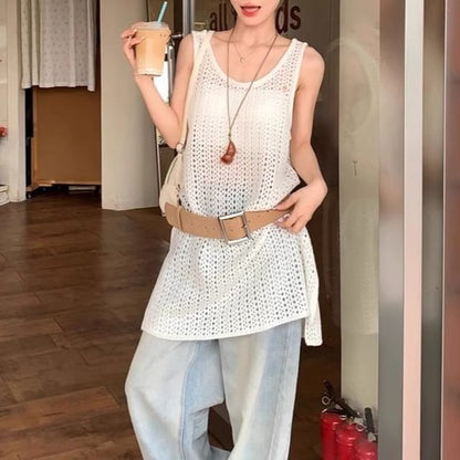 Sleeveless Slit Hem Plain Knit Top