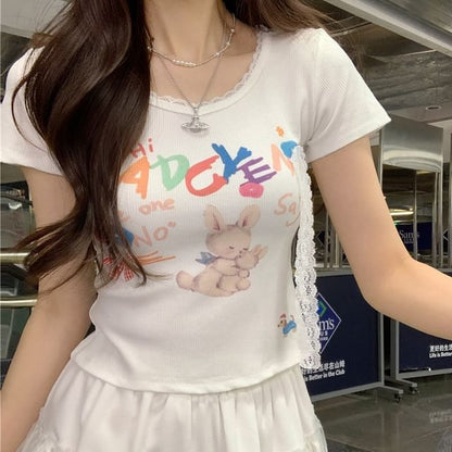 Short-Sleeve Crewneck Rabbit Print Crop Tee
