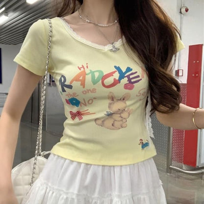 Short-Sleeve Crewneck Rabbit Print Crop Tee