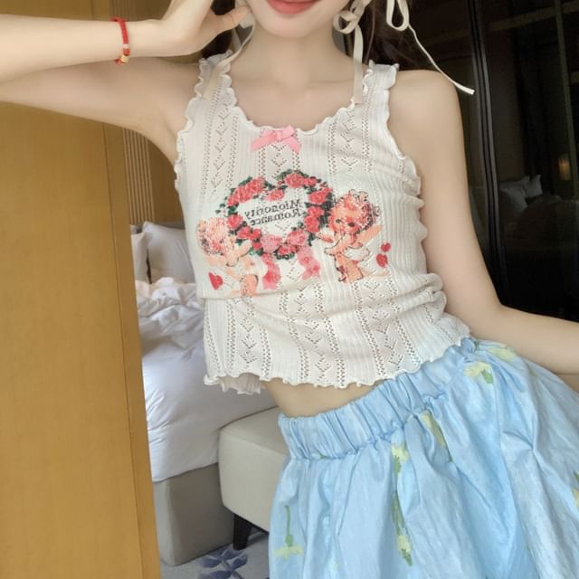 Floral Print Lace Crop Tank Top