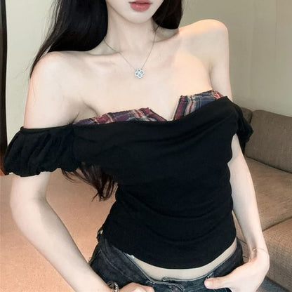 Mock Two-Piece Cap-Sleeve Plaid Trim Crop Top