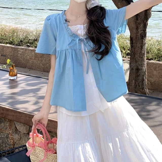 Mock Two-Piece Short-Sleeve Two Tone Top /  High Waist Maxi A-Line Skirt