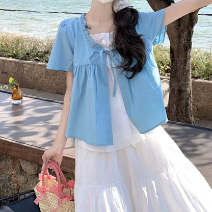 Mock Two-Piece Short-Sleeve Two Tone Top /  High Waist Maxi A-Line Skirt