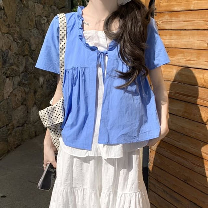 Mock Two-Piece Short-Sleeve Two Tone Top /  High Waist Maxi A-Line Skirt