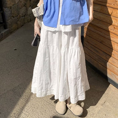 Mock Two-Piece Short-Sleeve Two Tone Top /  High Waist Maxi A-Line Skirt