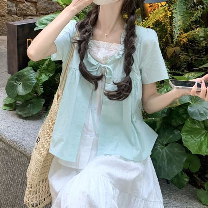 Mock Two-Piece Short-Sleeve Two Tone Top /  High Waist Maxi A-Line Skirt