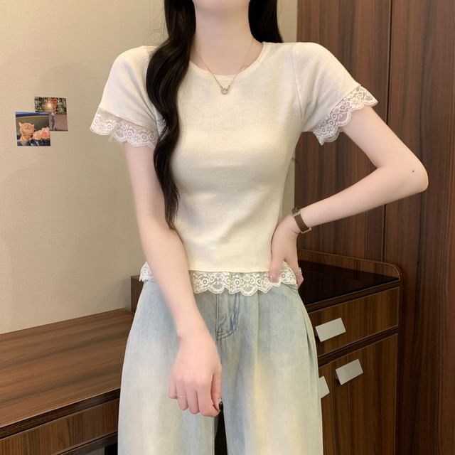 Short-Sleeve Crewneck Lace Trim Plain Tee