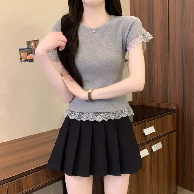 Short-Sleeve Crewneck Lace Trim Plain Tee
