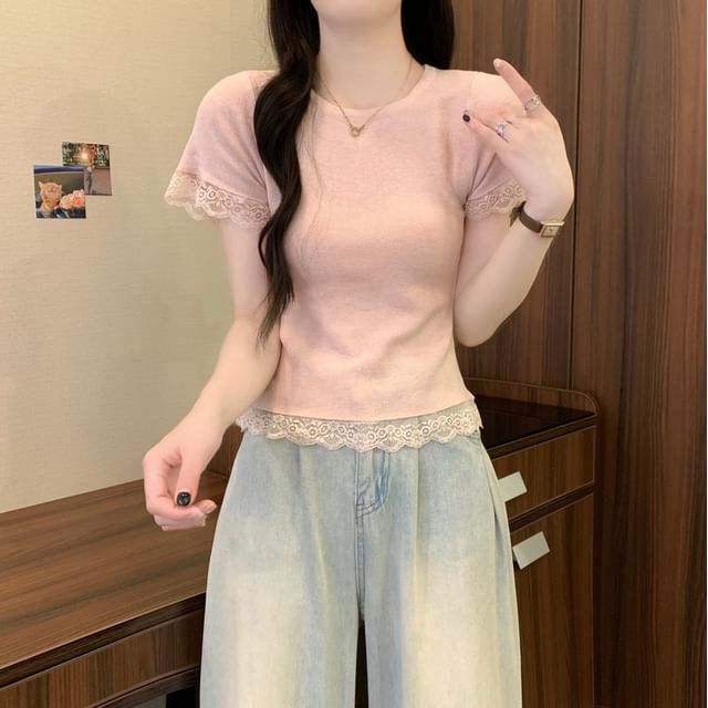Short-Sleeve Crewneck Lace Trim Plain Tee