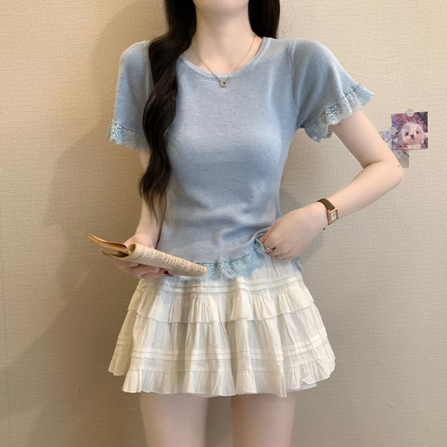 Short-Sleeve Crewneck Lace Trim Plain Tee