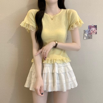 Short-Sleeve Crewneck Lace Trim Plain Tee