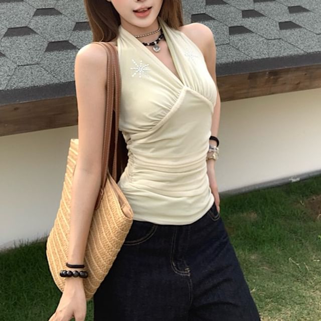 Sleeveless V-Neck Rhinestone Crop Top