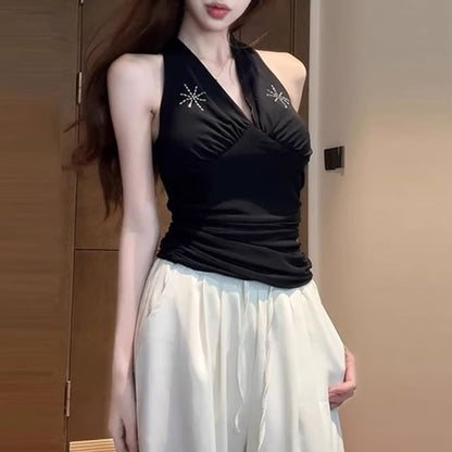 Sleeveless V-Neck Rhinestone Crop Top