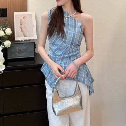 Sleeveless Asymmetrical Plaid Top