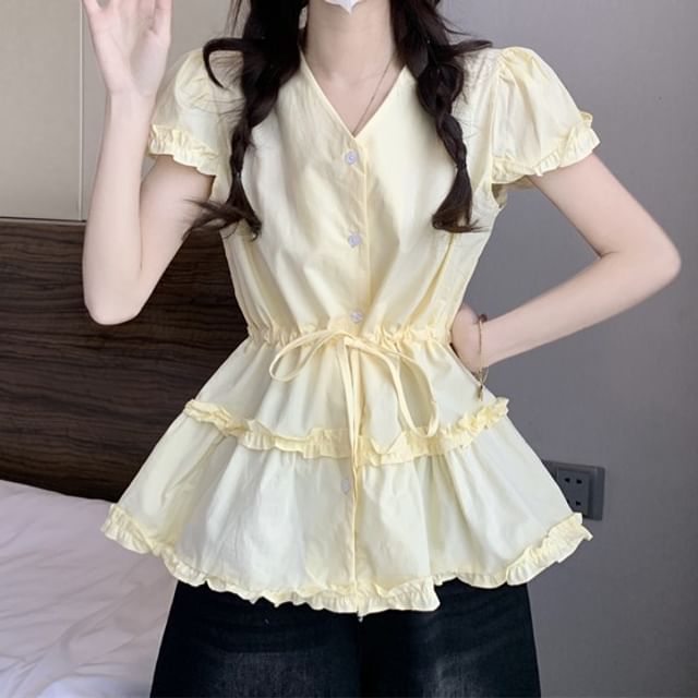 Short-Sleeve V-Neck Frill Trim Plain Flowy Shirt