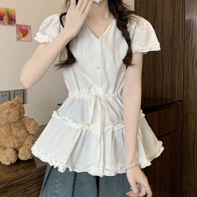 Short-Sleeve V-Neck Frill Trim Plain Flowy Shirt