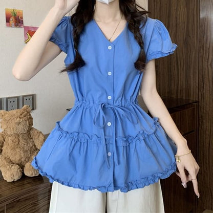 Short-Sleeve V-Neck Frill Trim Plain Flowy Shirt