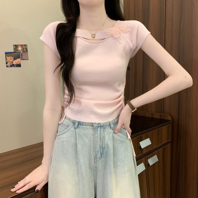 Short-Sleeve Butterfly Accent Plain Tee