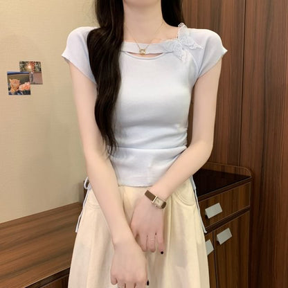 Short-Sleeve Butterfly Accent Plain Tee