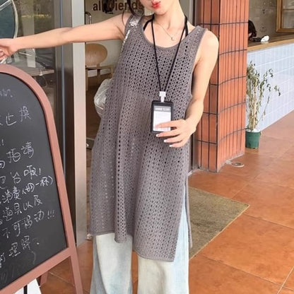 Sleeveless Slit Hem Plain Knit Top