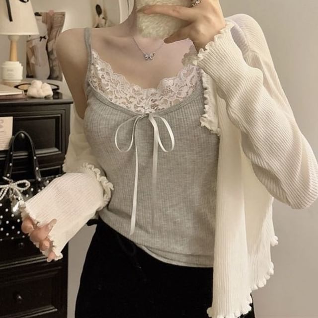 Lace Trim Plain Crop Camisole Top