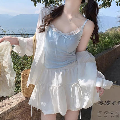 Lace Trim Plain Crop Camisole Top