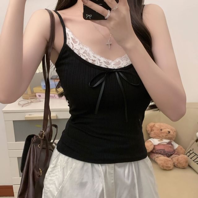 Lace Trim Plain Crop Camisole Top