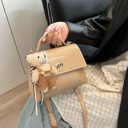 Top Handle Twist Lock Flap Faux Leather Crossbody Bag / Bag Charm / Set