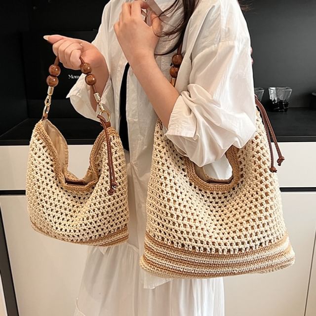 Beaded Strap Woven Tote Bag