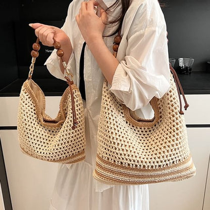 Beaded Strap Woven Tote Bag